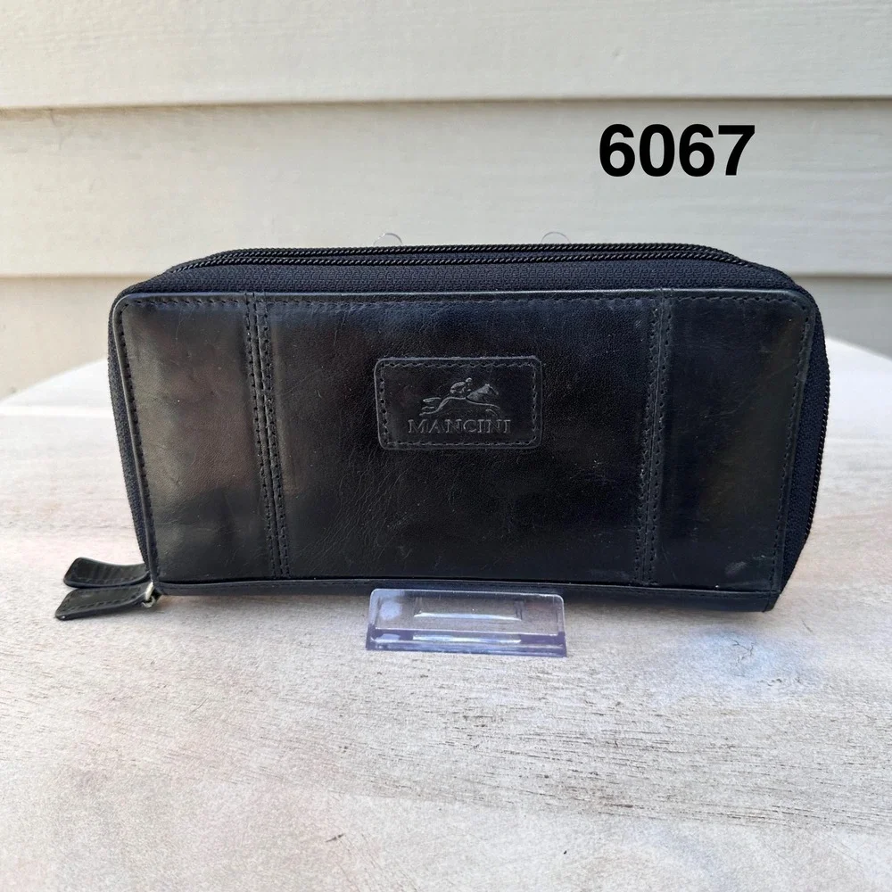 Mancini Black Leather Double Zip Around Accordion Clutch Wallet 7.5x4.25
